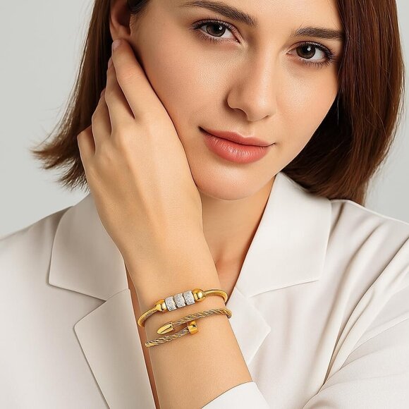 18K Gold Nail Bracelet Set, Adjustable Stackable Bangles for Women, Trendy Jewel - Picture 2 of 6